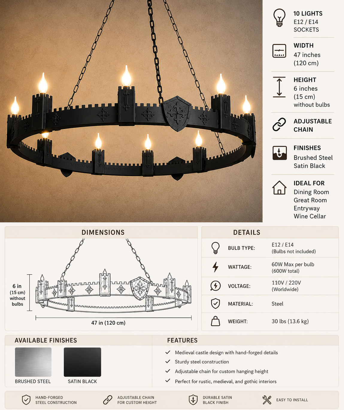 Medieval Castle Iron Chandelier – 10-Light Gothic Ceiling Light