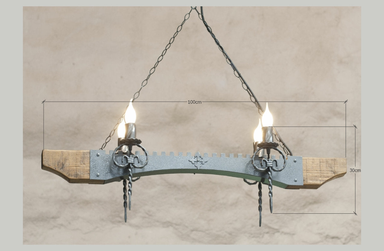 Chandelier lighting. Ceiling lights. Wrought iron chandelier. Four light wood and iron chandelier. Rustic ceiling lights.