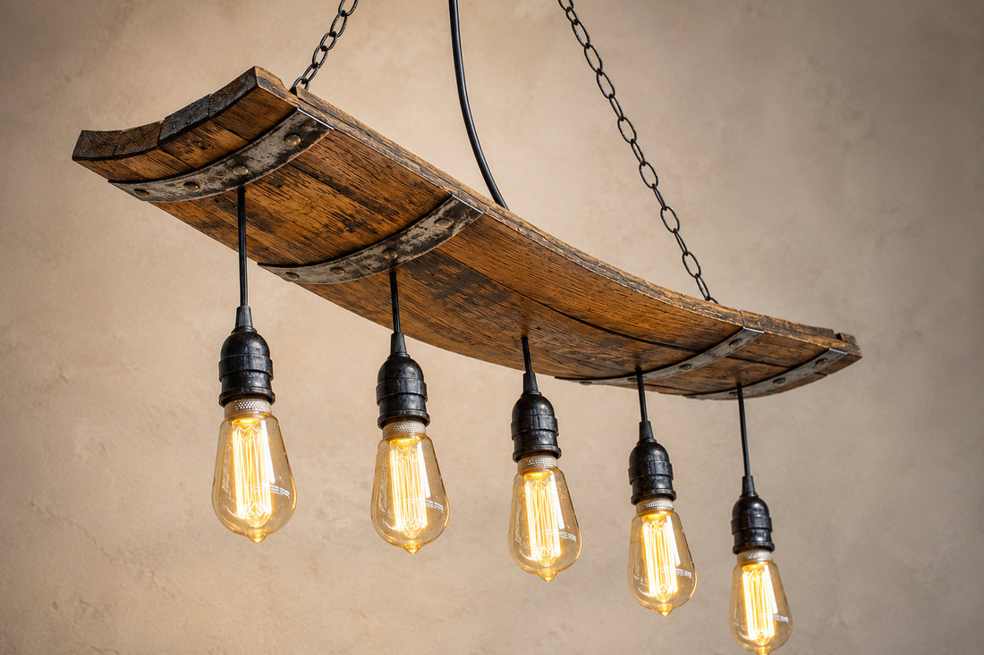 A rustic wine barrel-style chandelier featuring a curved wooden barrel taves with metal rebar reinforcement and five hanging Edison-style light bulbs.