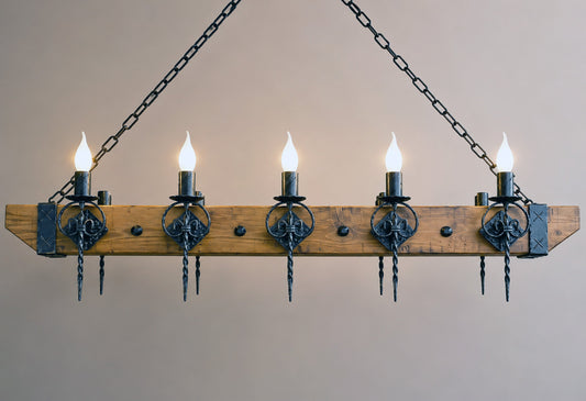 Wood beam and wrought iron chandelier with ten light arms hanging on chains and beige background