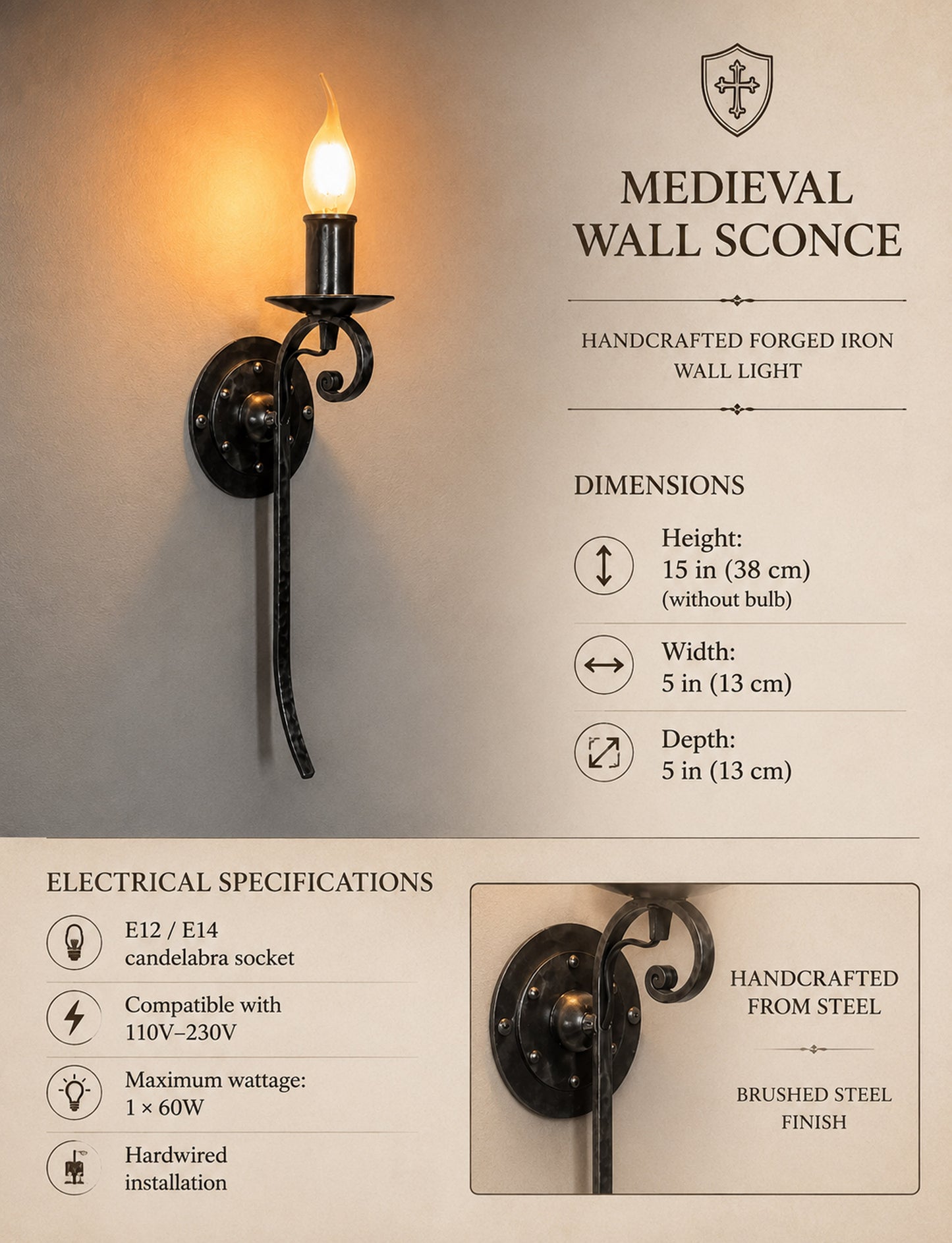Medieval Forged Torch Wall Sconce |  Wrought Iron Wall Light
