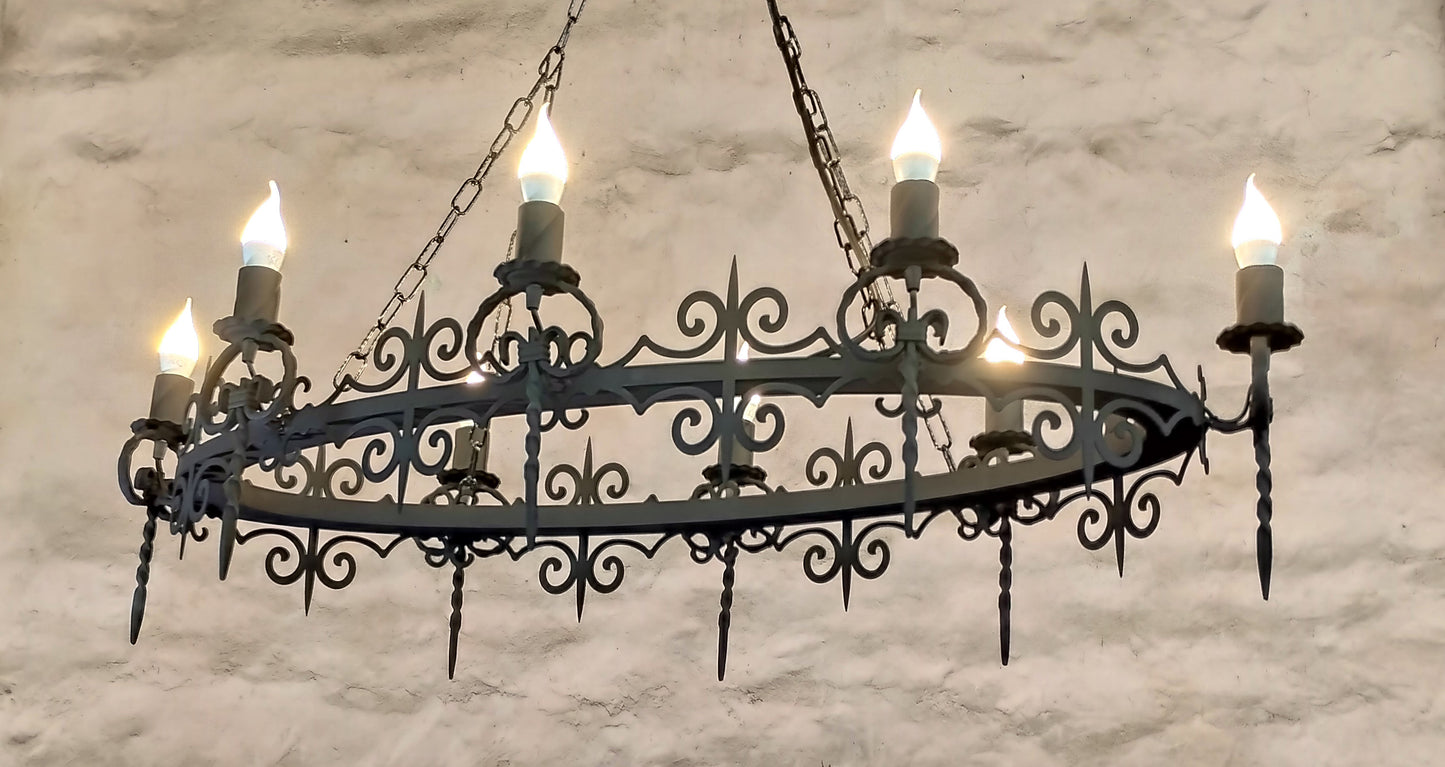 Oval Wrought Iron Chandelier – 8 Light Gothic Medieval Ceiling Light