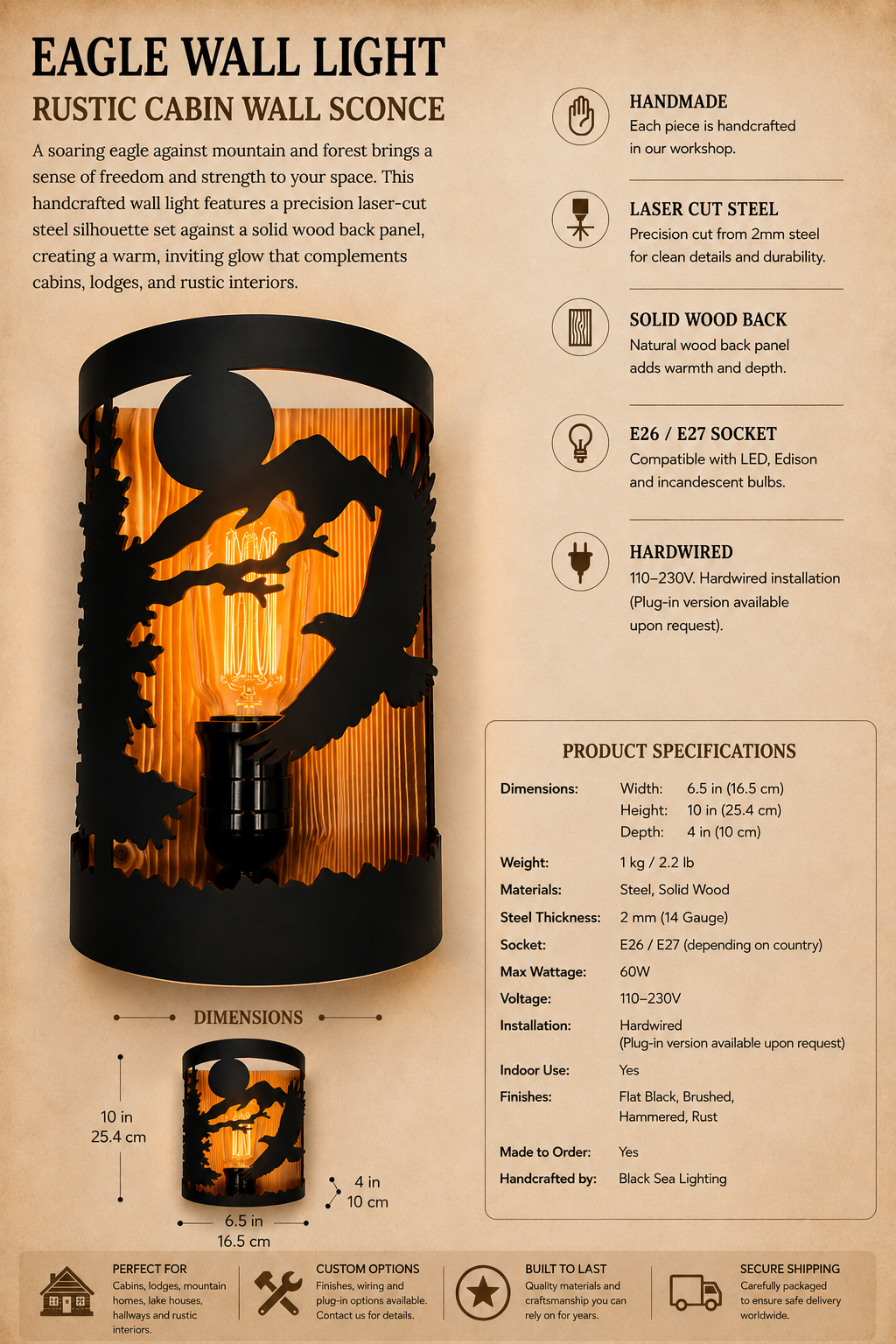 Rustic Eagle Cabin Wall Light – Handmade Mountain Lodge Sconce