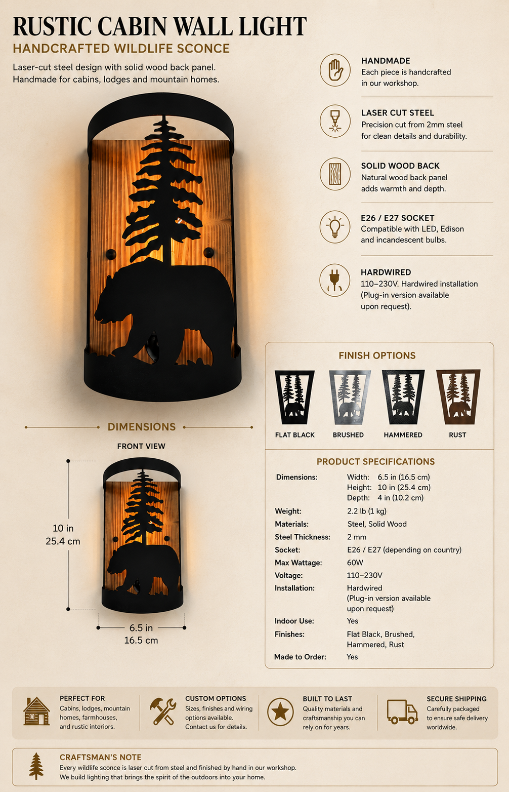 Handcrafted Cabin Wall Light – Rustic Bear Wildlife Lodge Sconce with Laser-Cut Steel Design
