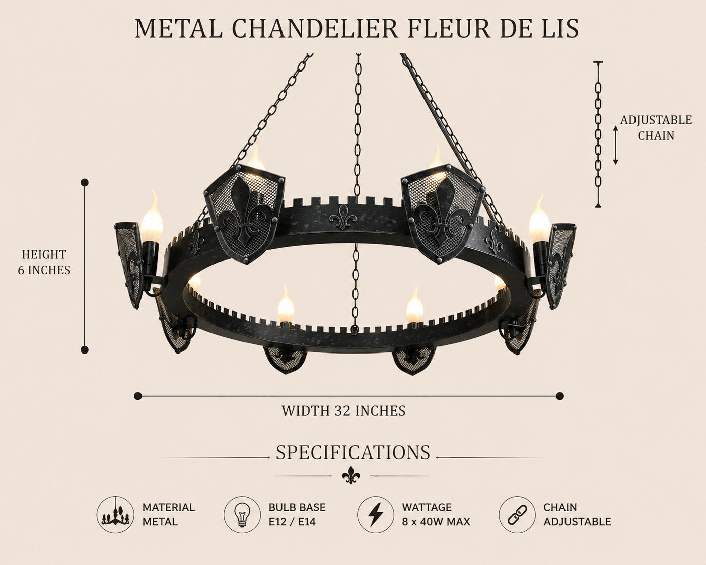 Medieval Eight Light Chandelier - Castle style ceiling lights - Fleur de Lis
