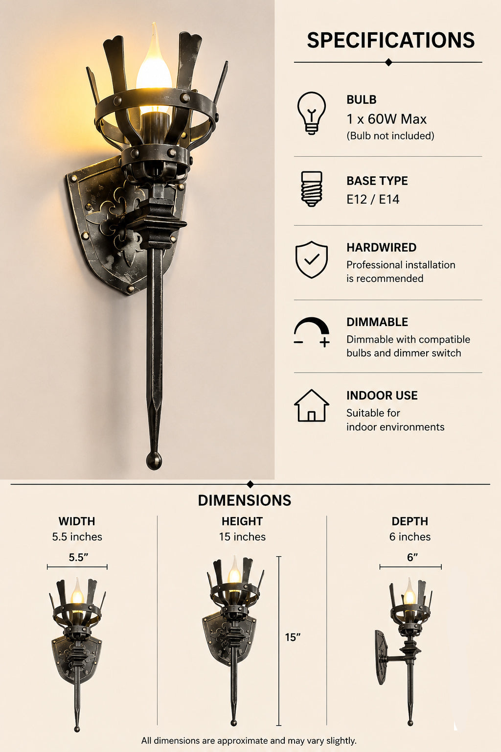 Castle Torch Wall Sconce — Medieval Iron Wall Light