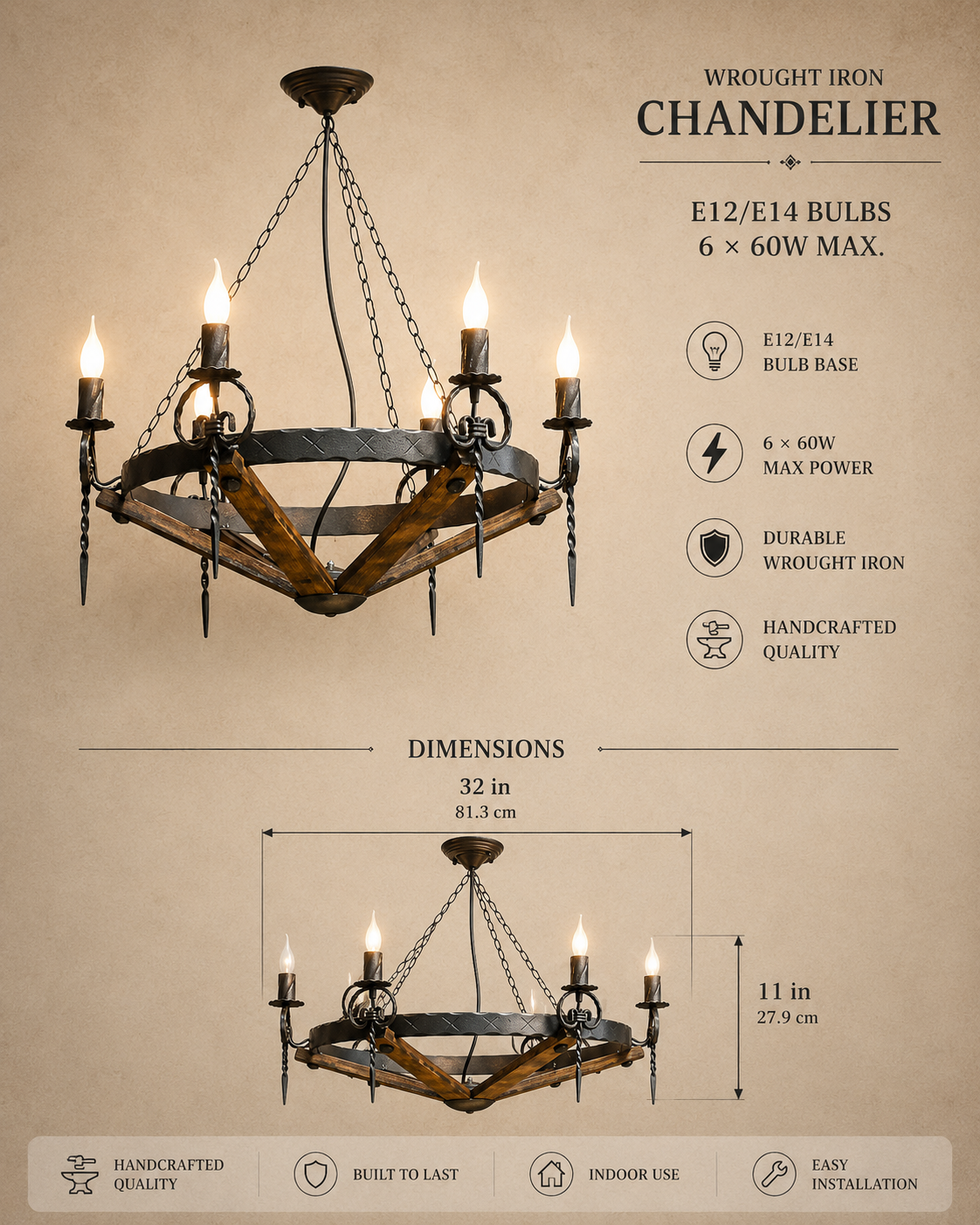 Lustres en fer forgé - Lustre rustique - Eclairage lustre - Plafonniers