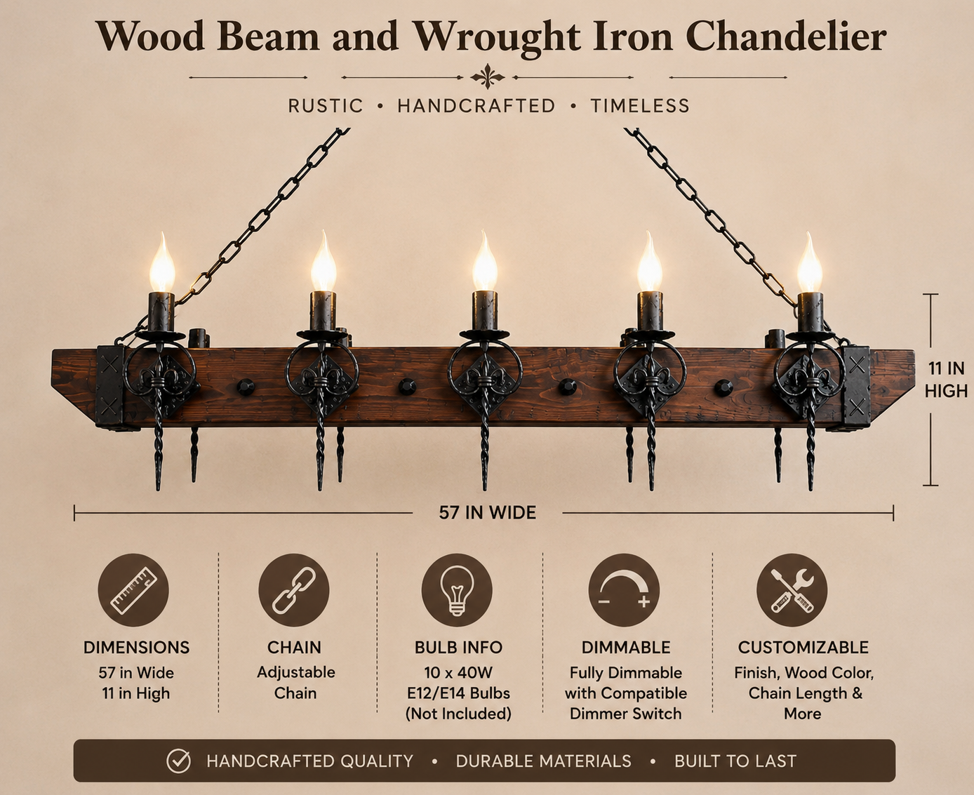 Lustre en fer forgé et poutres en bois - Luminaires de style gothique médiéval