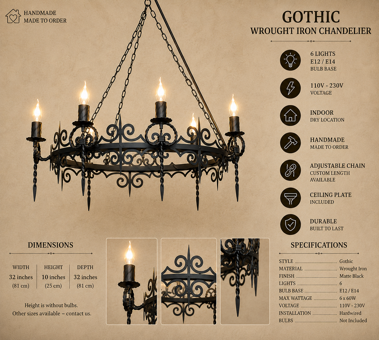Gothic Wrought Iron Chandelier – Black Metal Ceiling Light Fixture