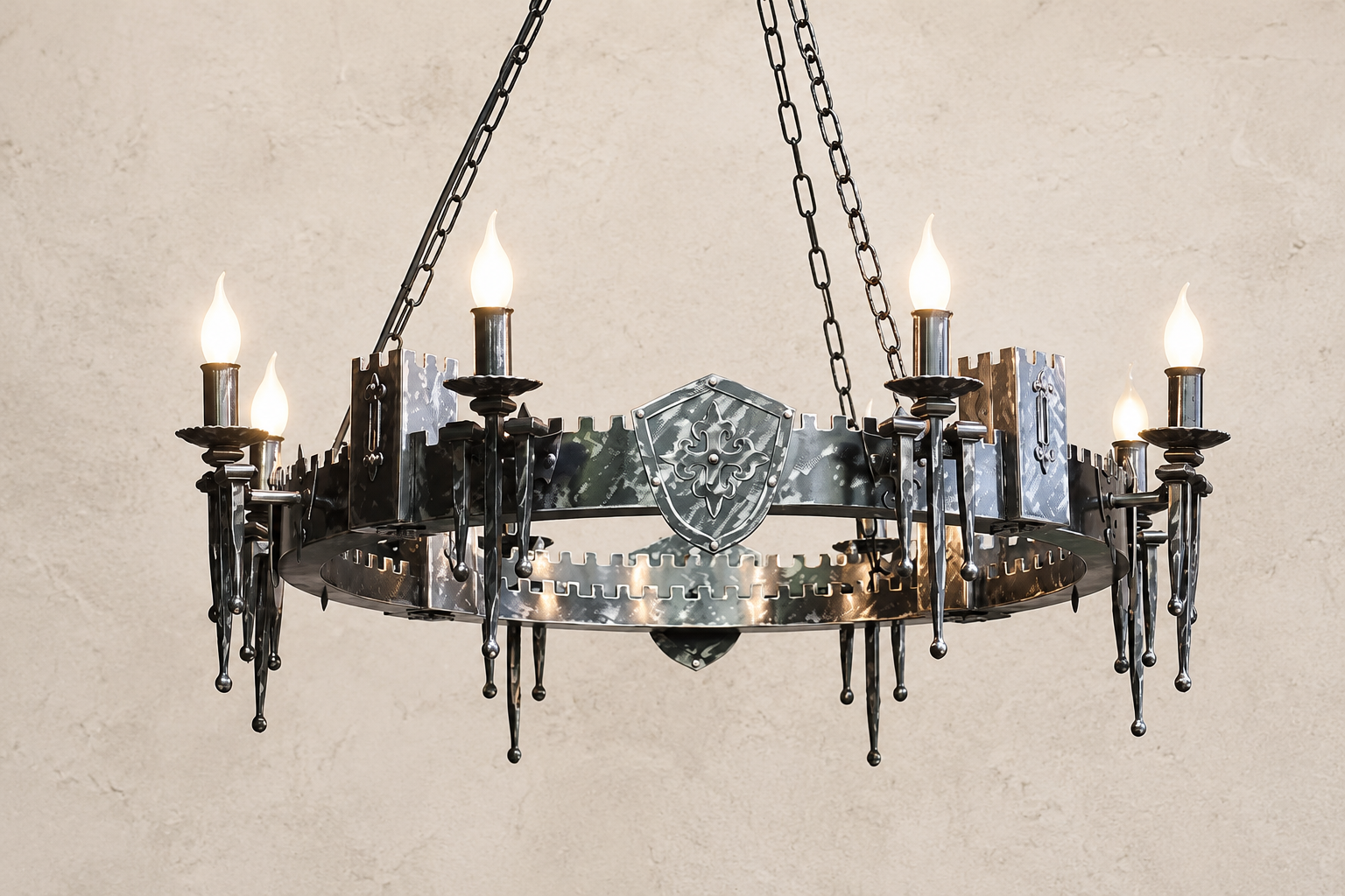Decorative chandelier with multiple candle-style lights on a beige background