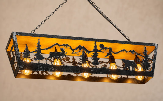 Rustic cabin ceiling light with moose bear and pine trees metal cutout with five lights on warm beige background