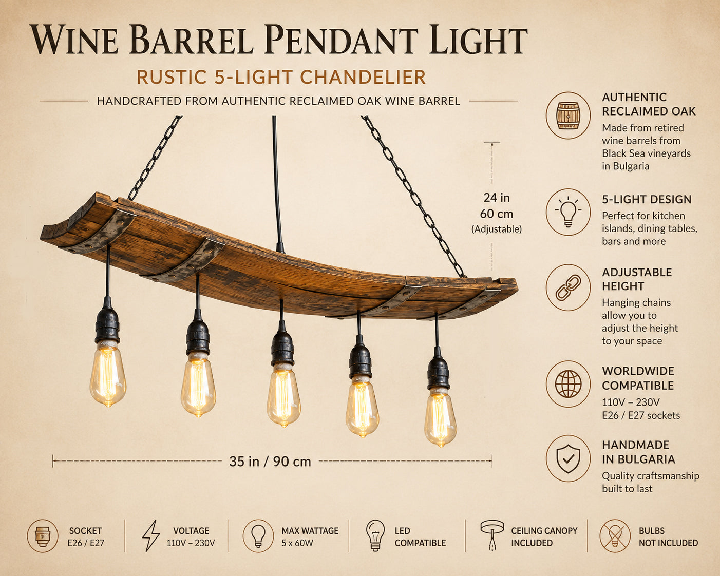 Wine Barrel Pendant Light | Rustic 5-Light Chandelier for Kitchen Island & Dining Table