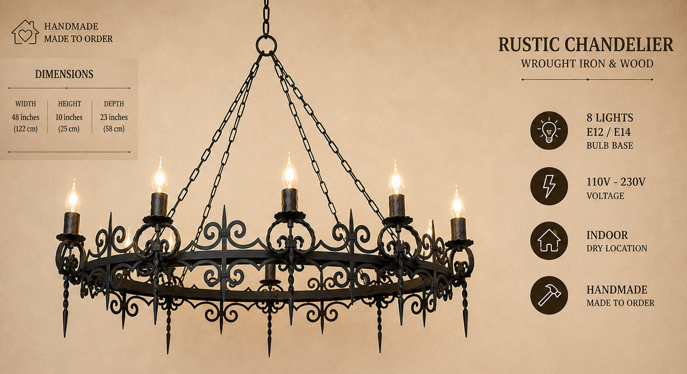 Oval Wrought Iron Chandelier – 8 Light Gothic Medieval Ceiling Light
