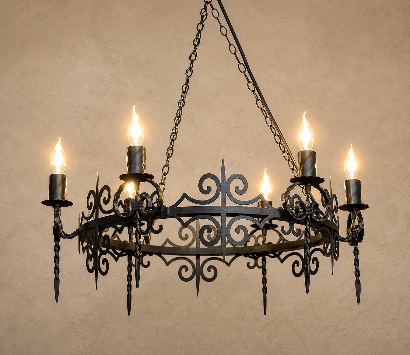 Wrought iron chandelier with six candle-style lights on a beige background
