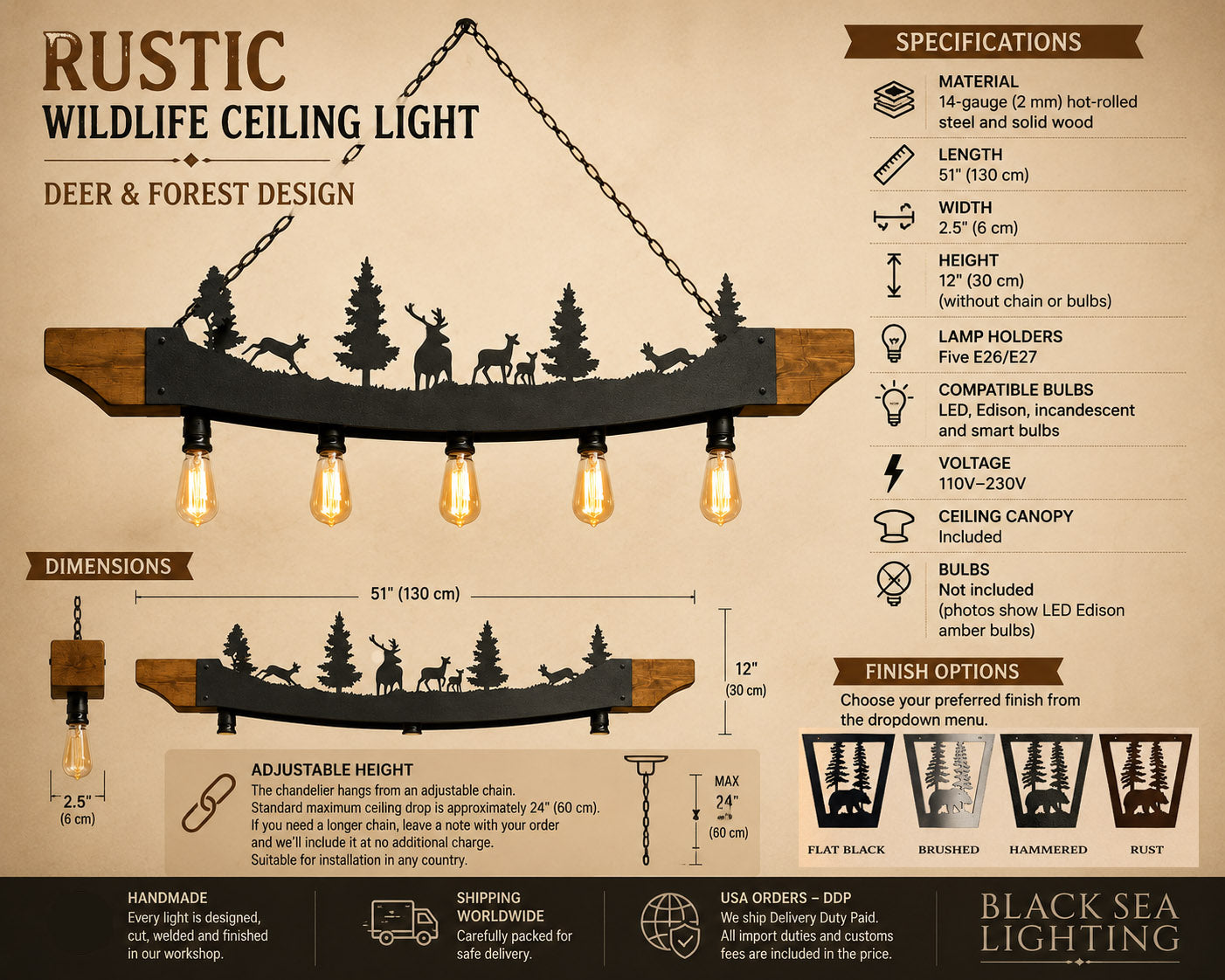 An infographic detailing the specifications, dimensions, and finish options for a rustic wildlife ceiling light fixture. The product features a dark wood top with silhouettes of deer, elk, and trees, with warm Edison bulbs hanging below.