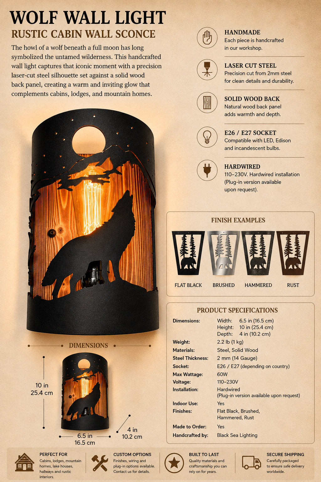 An informational product graphic for a Wolf Wall Light rustic cabin wall sconce, showing the product itself, dimensions, finish examples, and product specifications on a beige background.