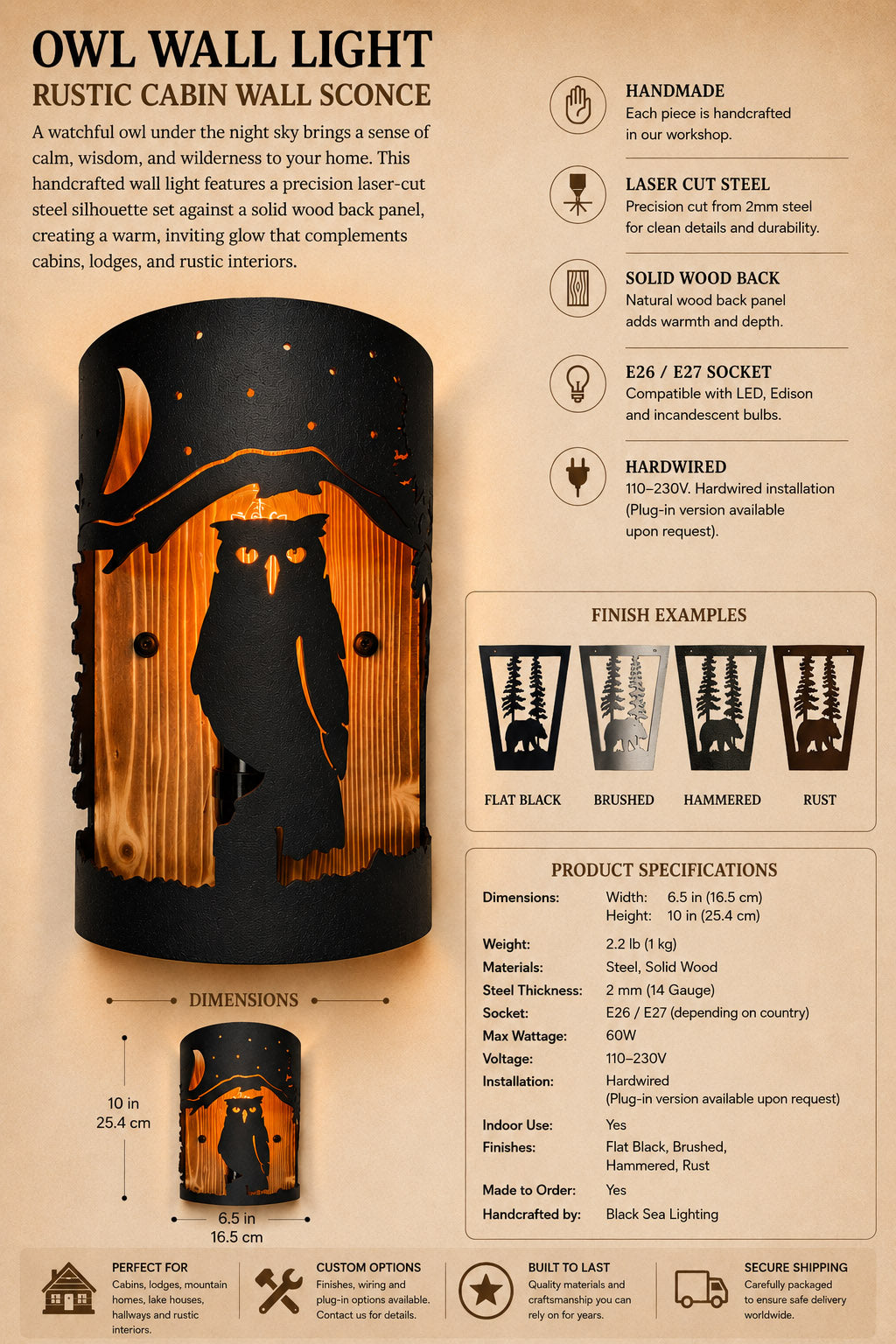 A product information card for an owl wall light in a rustic cabin wood scent, featuring a 3D rendering of the light, dimensions, specifications, and finish examples on a beige background.