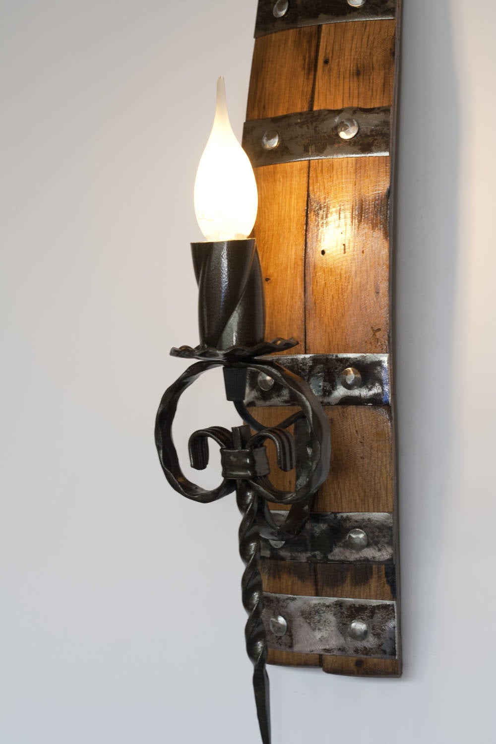 Barrel wall light - Rustic wall light - Wood and wrought iron sconce