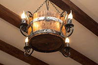 Wine barrel chandelier - Rustic ceiling light - Wood and wrought iron chandelier