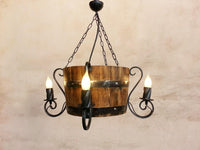 Wine barrel chandelier - Rustic ceiling light - Wood and wrought iron chandelier