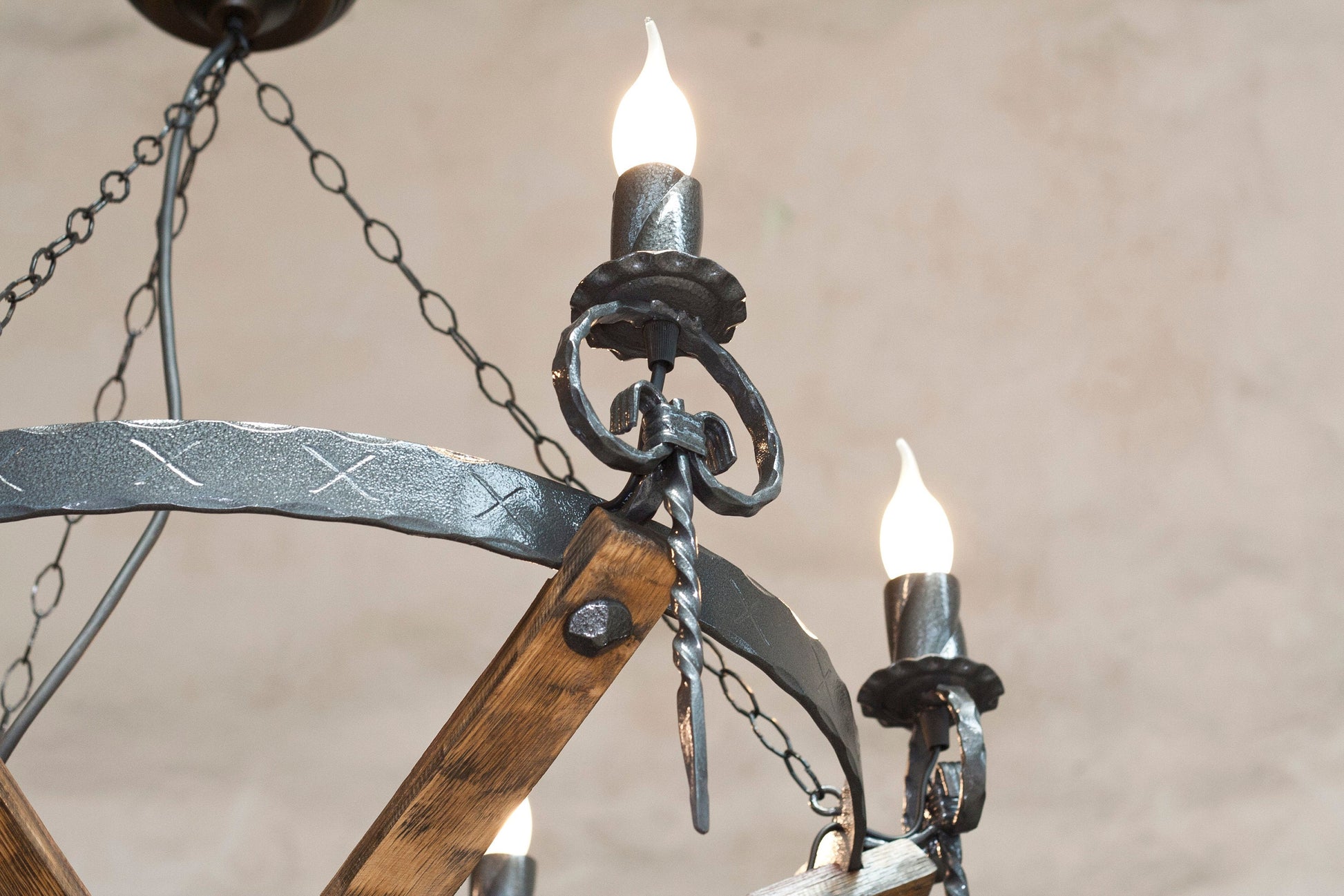 Wine barrel wrought iron chandelier illuminated candle bulbs