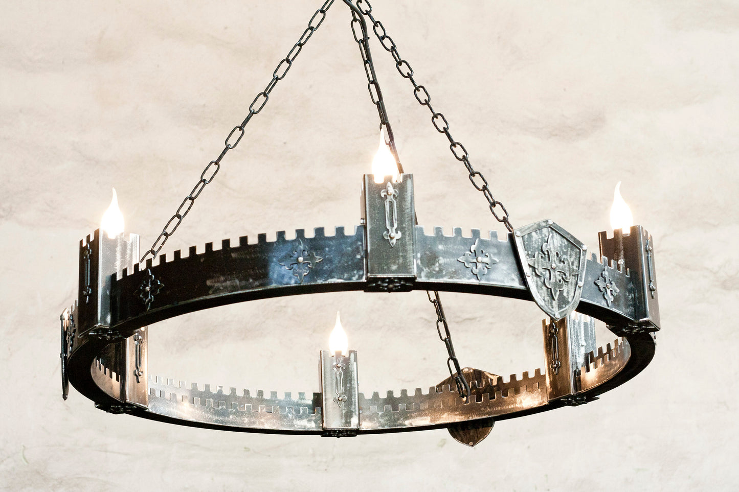 Rustic gothic iron chandelier bare metal clear coat