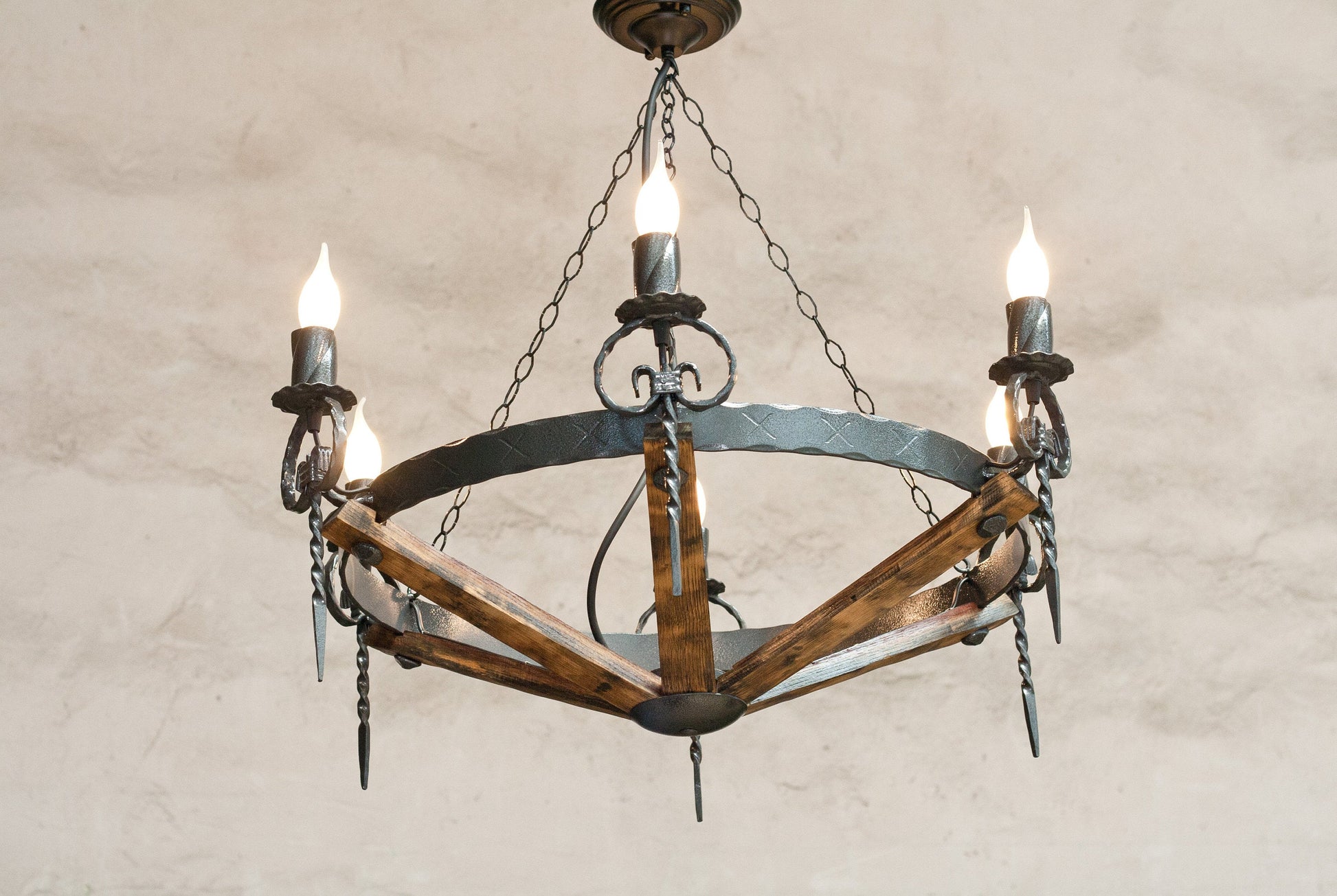Wrought iron wine barrel chandelier rustic hammered black