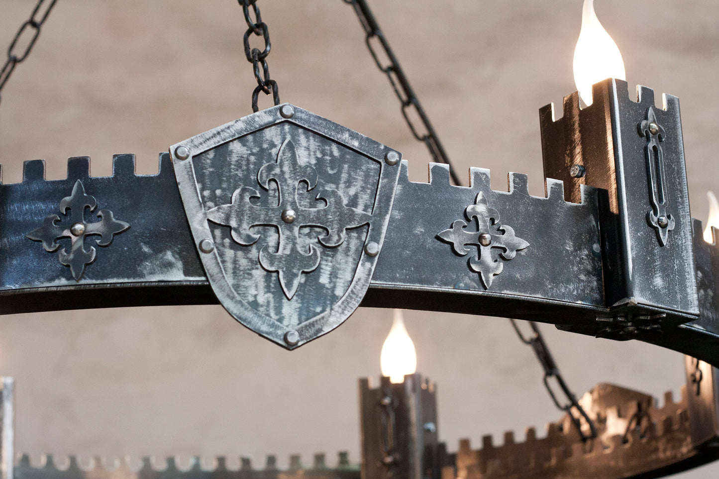 Knight medieval chandelier illuminated candle bulbs