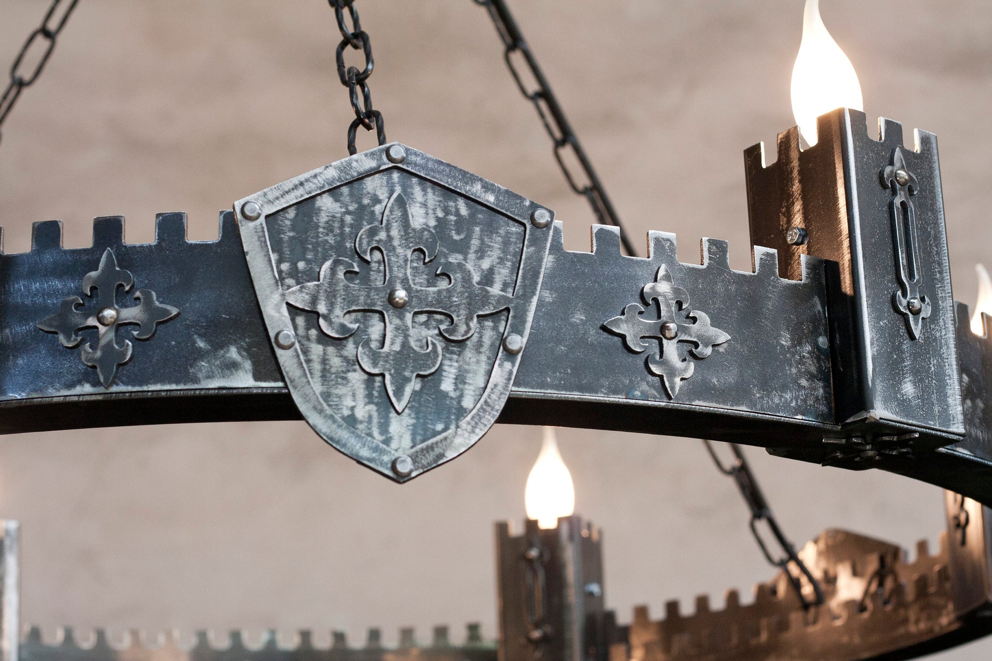Knight medieval chandelier illuminated candle bulbs