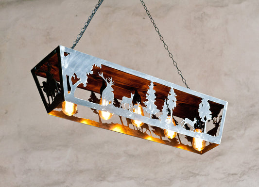 Rustic ceiling light fixture with a wildlife pendant design, featuring five lights and a ceiling mount.
