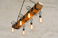 Wrought iron wood beam chandelier - Farmhouse lighting - Rustic ceiling light