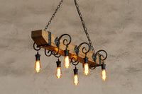 Wrought iron wood beam chandelier - Farmhouse lighting - Rustic ceiling light