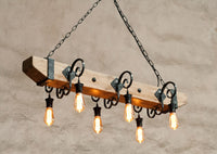 Wrought iron wood beam chandelier - Farmhouse lighting - Rustic ceiling light