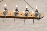 Wrought iron and wood beam chandelier lighting - Medieval gothic style lights