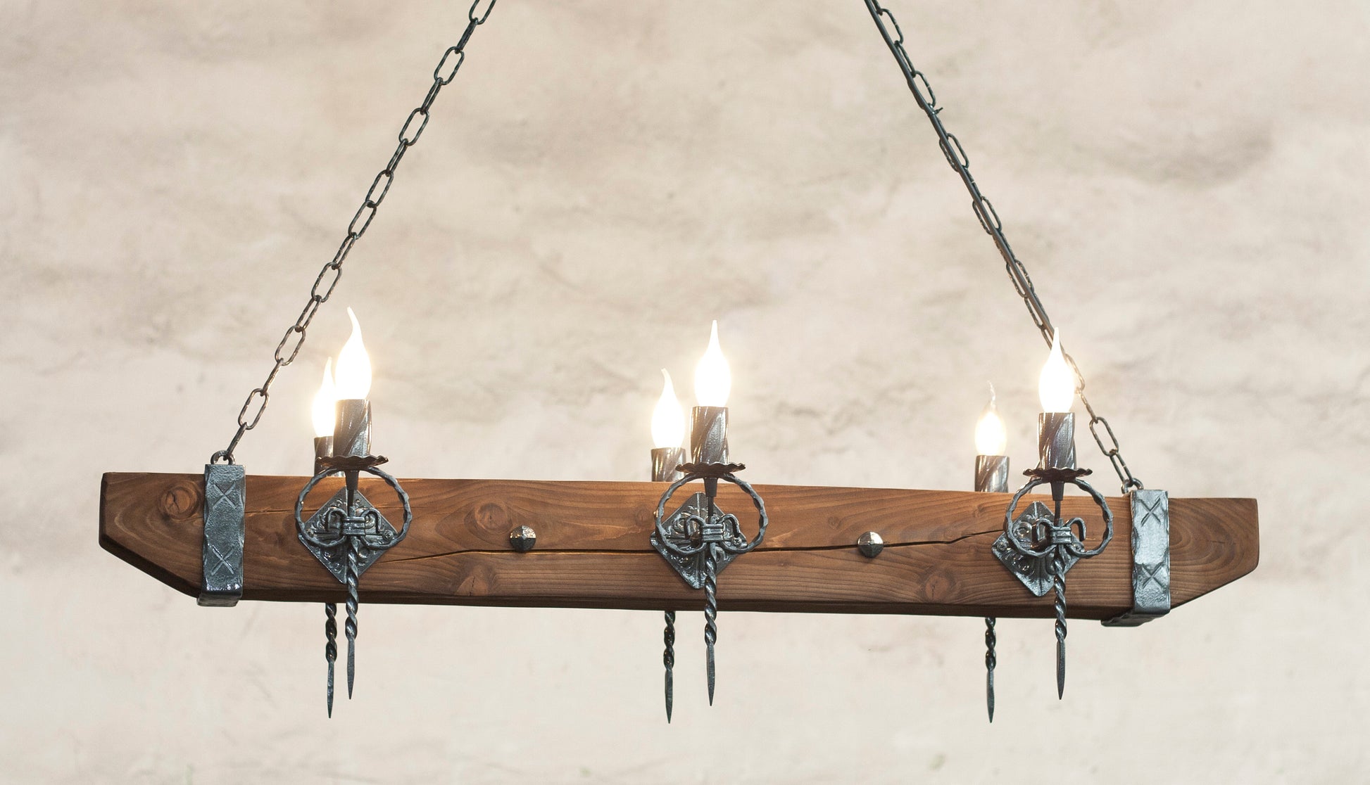 Wood beam and wrought iron 6 light chandelier 