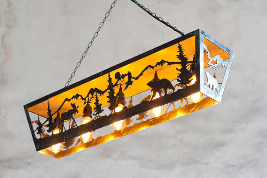 Moose and bear wildlife cabin ceiling light steel and wood