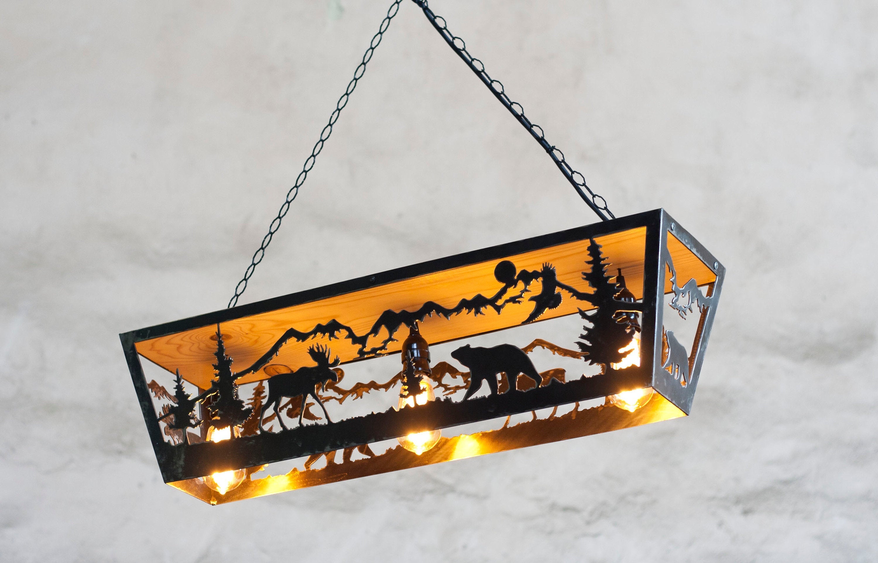 Rustic three lights fixture - Moose and bear - Cabin wildlife light fi ...