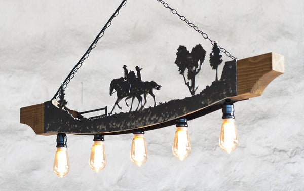 Rustic five lights fixture - Horse riders - Farm pendant light - Cabin lights - Ceiling lights