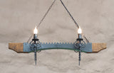 Chandelier lighting. Ceiling lights. Wrought iron chandelier. Four light wood and iron chandelier. Rustic ceiling lights.