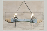 Chandelier lighting. Ceiling lights. Wrought iron chandelier. Four light wood and iron chandelier. Rustic ceiling lights.