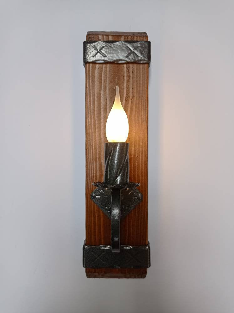 Wrought iron wall sconce - Rustic wall lights - Wooden light fixture