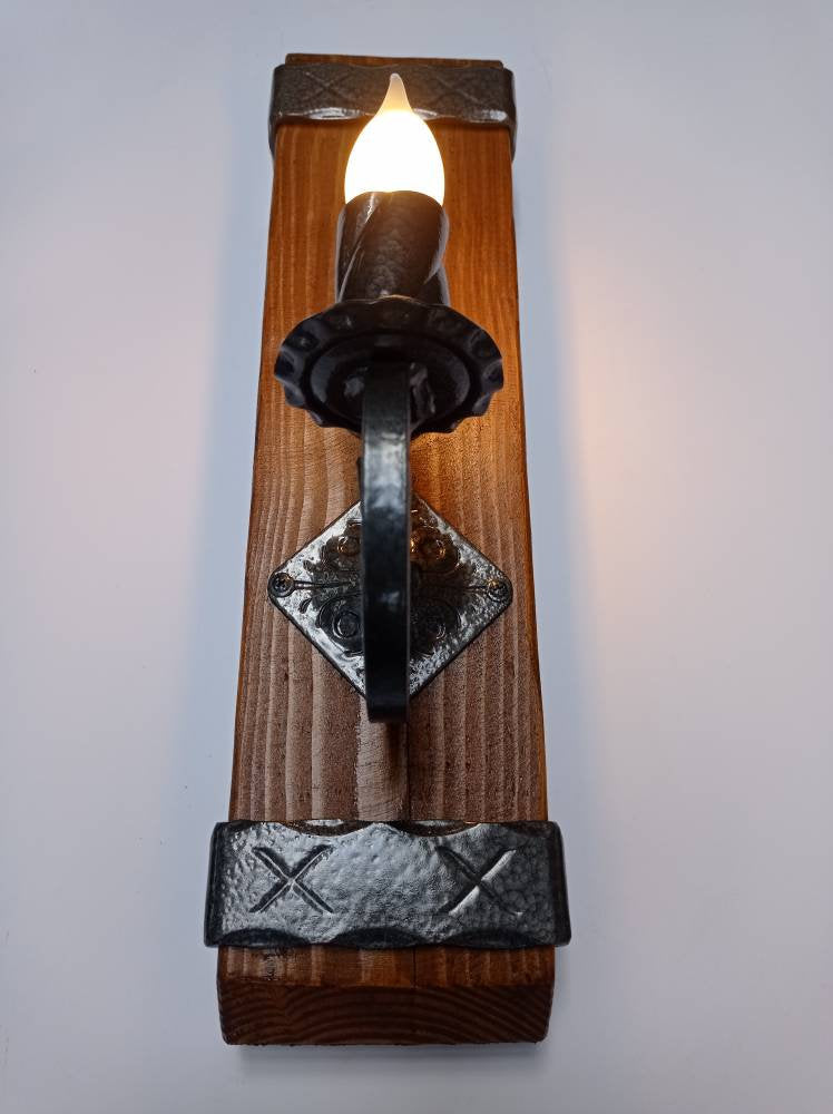 Wrought iron wall sconce - Rustic wall lights - Wooden light fixture