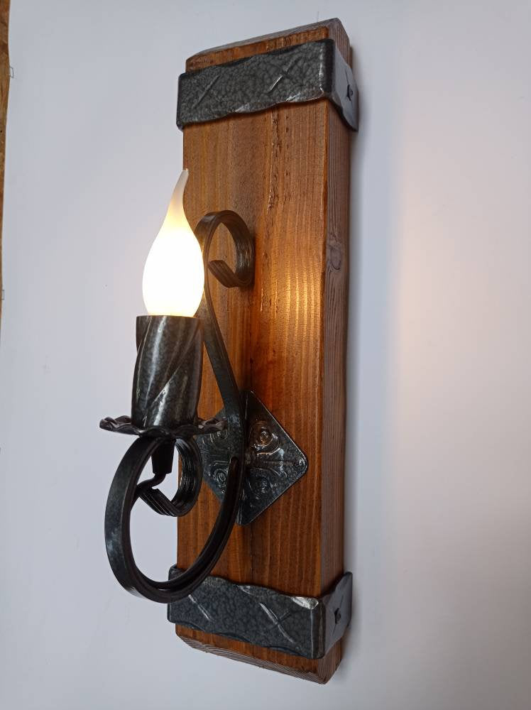 Wrought iron wall sconce - Rustic wall lights - Wooden light fixture