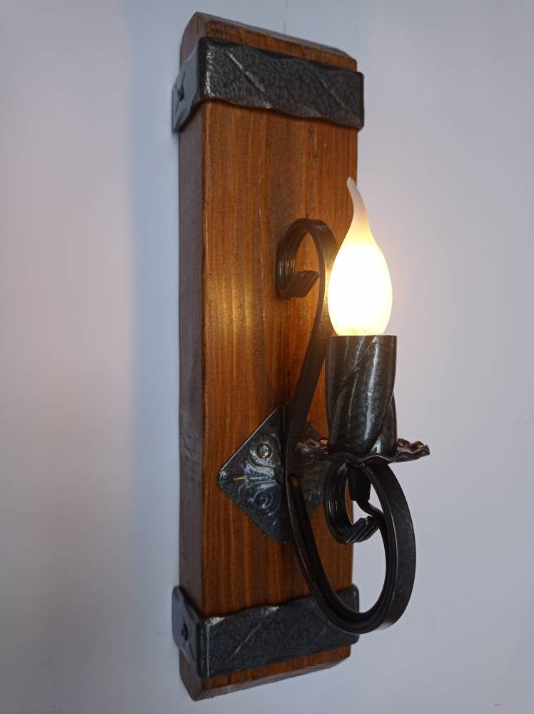 Wrought iron wall sconce - Rustic wall lights - Wooden light fixture