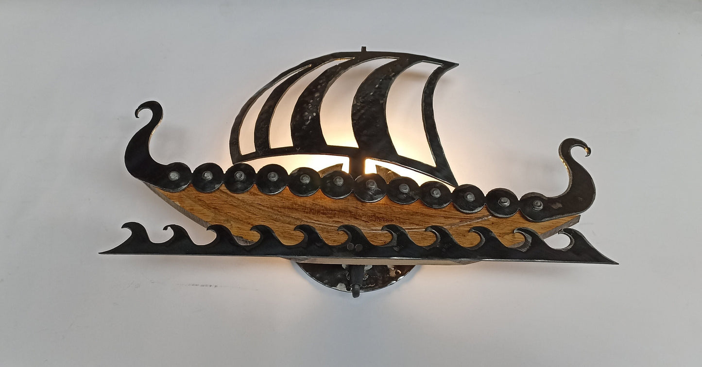 Rustic Viking ship wall light illuminated oak barrel