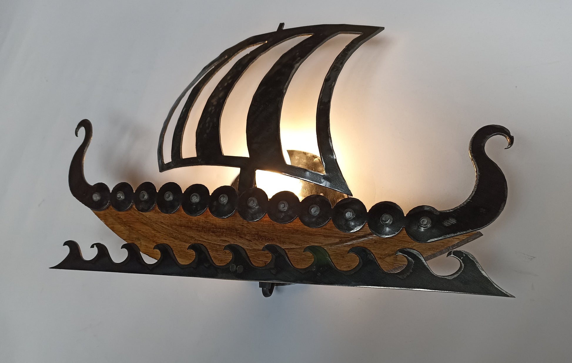 Viking longship wood and metal wall light handmade