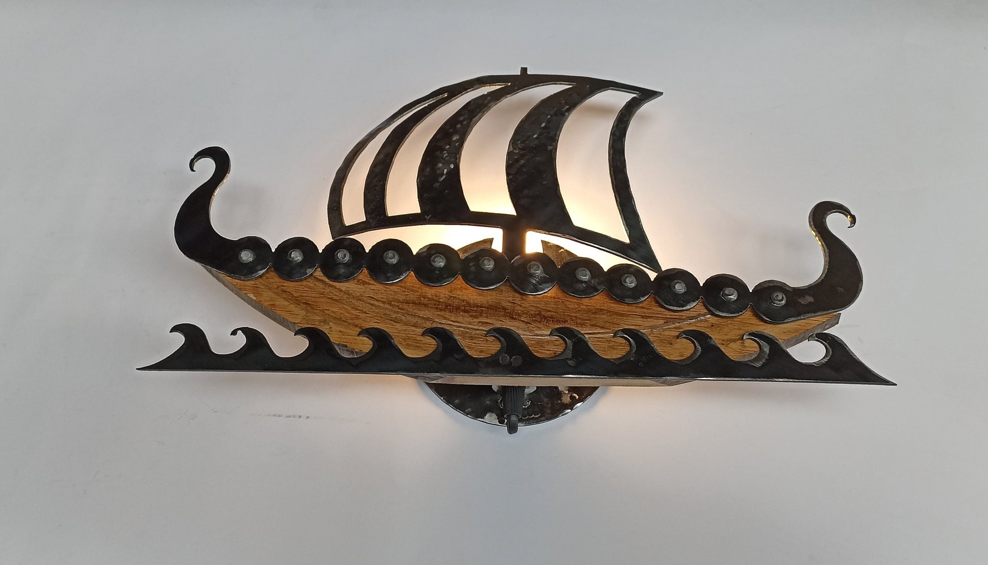 Viking ship rustic wall sconce steel and oak barrel head