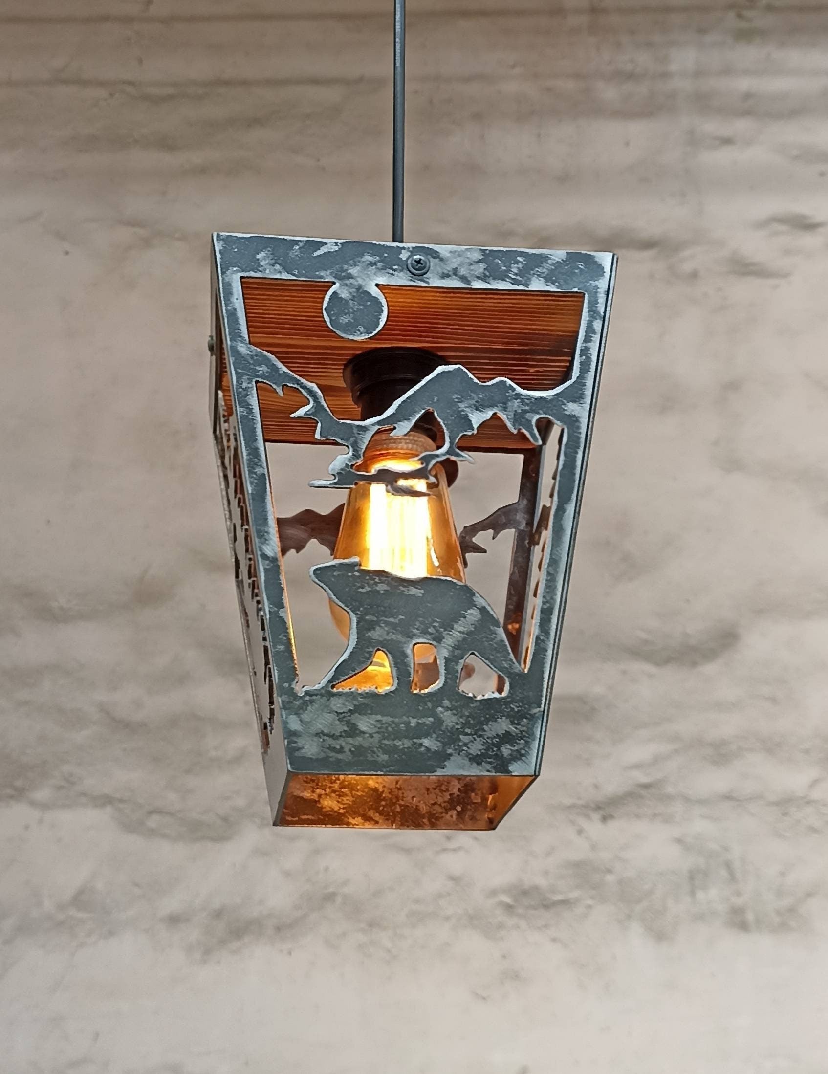 Bear wildlife lodge ceiling pendant light steel and wood