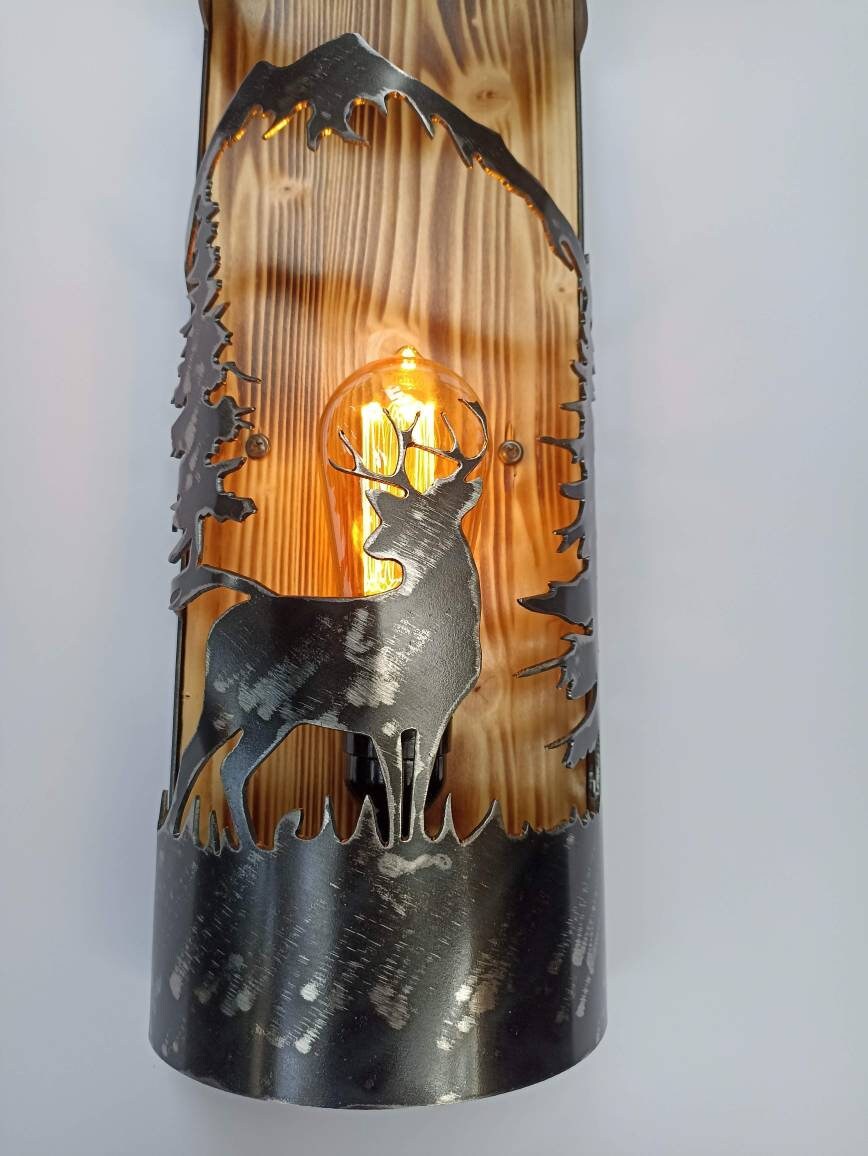 Deer cabin wall light steel and wood