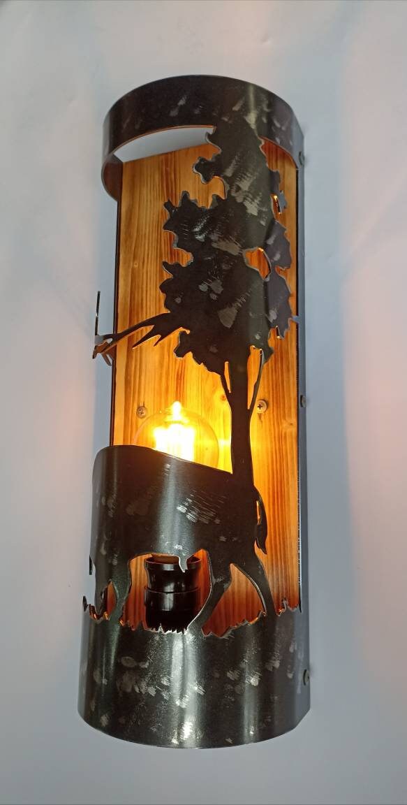 Buffalo bison rustic wall sconce brushed steel and wood